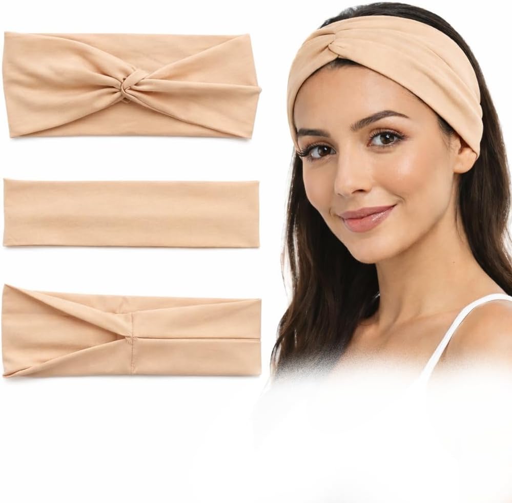 Set of 3 women's headbands by 7AGAT featuring twisted knot, flat, and crossover styles in soft stretch fabric for yoga and sports.