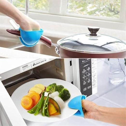Two multicolor silicone pinch mitts for heat-resistant, non-slip cooking and baking, flexible pot holders for kitchen use.