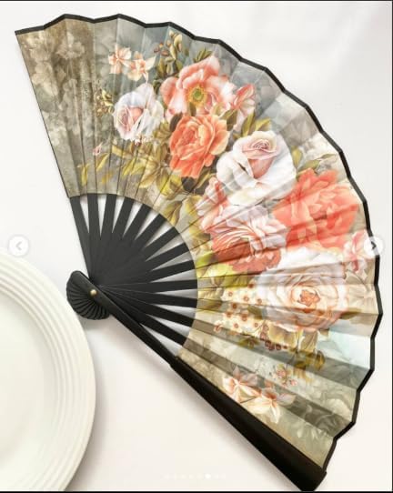 7AGAT hand fan with durable plastic and leather, featuring a double-sided folding flower pattern for weddings and celebrations.
