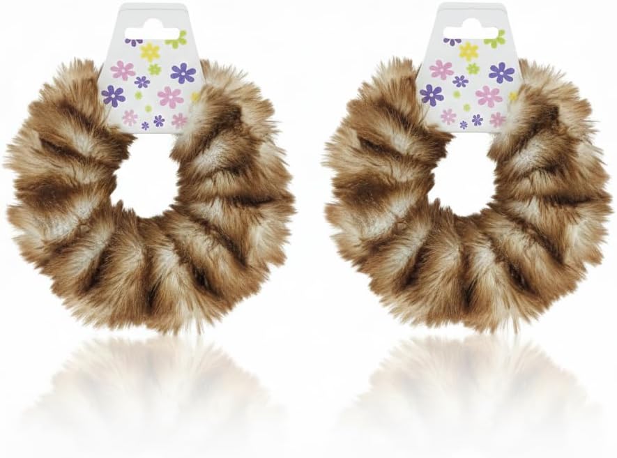 Two colorful 7AGAT faux fur ponytail holders for women and girls, soft, fluffy, and stylish hair accessories.