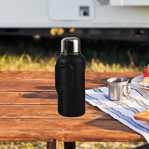 7AGAT stainless steel vacuum insulated water bottle, 1200ml, matte black with handle, keeps drinks hot for 12h and cold for 24h.