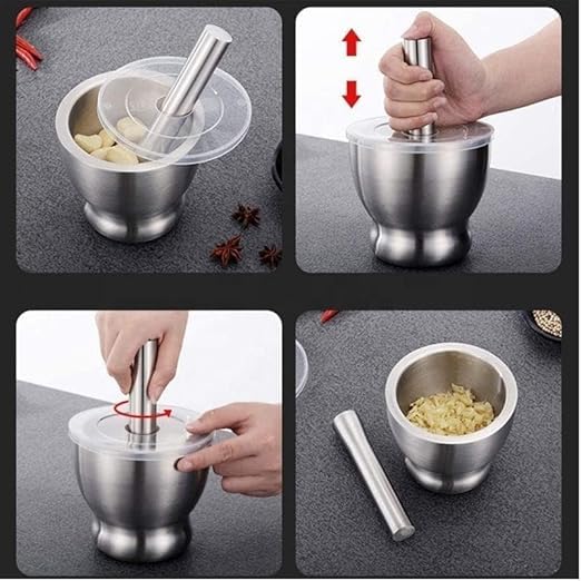 Stainless steel mortar and pestle set by 7AGAT, heavy-duty spice grinder with lid for crushing garlic, herbs, and spices.