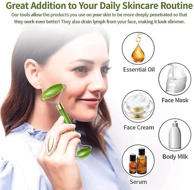 7AGAT natural jade roller and Gua Sha set for facial massage, double-sided skincare tools made from green jade stone.