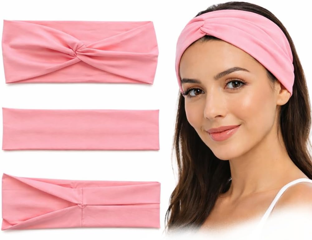 Set of 3 women's 7AGAT headbands with twisted knot, flat, and crossover styles, soft stretch fabric for yoga and everyday wear