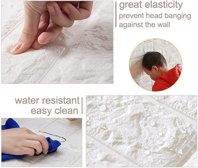 White 3D brick wall stickers by 7AGAT, waterproof foam panels for living room, bedroom, and kitchen decor.