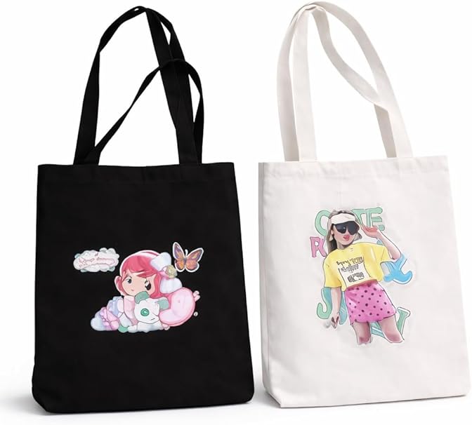 Set of two 7AGAT canvas tote bags with black and white unique designs, reusable fabric handbags for shopping and daily use