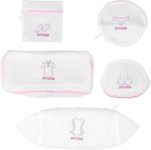 White mesh laundry bags with pink zippers in a 5-piece set, available in multiple sizes for washing machine use by 7AGAT