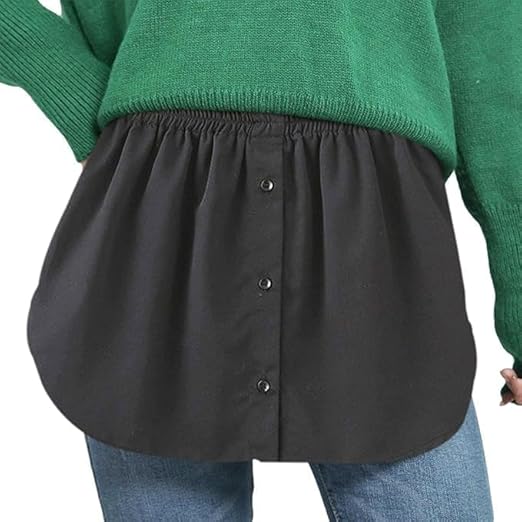 7AGAT adjustable women’s shirt extender with layered fake top and elastic waistband, polyester cotton blend half-length skirt.