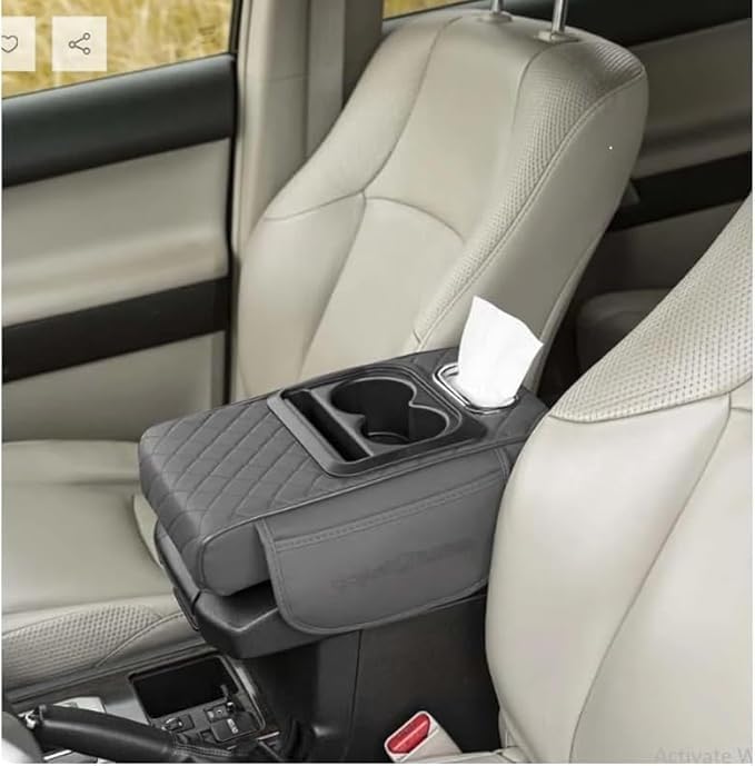 Grey leather car armrest cover organiser with padded rhombus design, two cup holders and tissue opening, 35x20x8 cm.