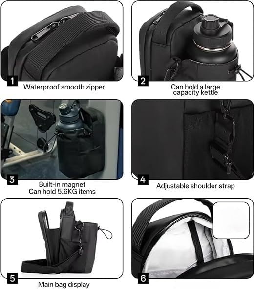 7AGAT Magnetic Bag Company gym water bottle bag in black, water-resistant with multiple pockets and adjustable strap for sports use.