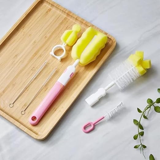 7AGAT 6-piece baby bottle cleaning brush set with pink and yellow straw and sponge brushes for thorough cleaning of bottles and straws