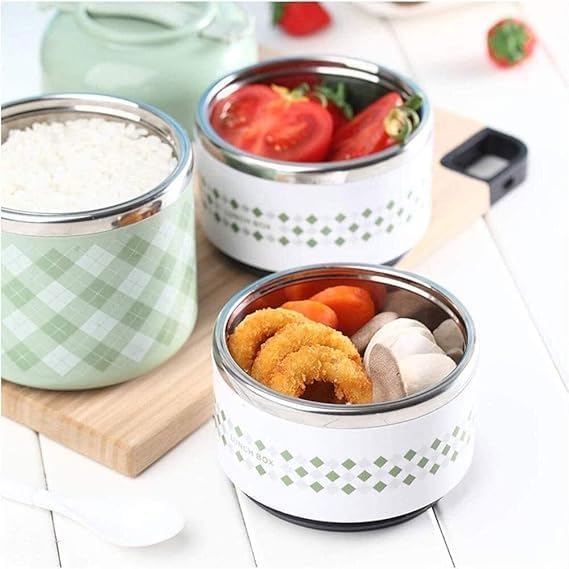 Sky blue 7AGAT 3-tier insulated stainless steel lunch box with checkered pattern and handle, ideal for thermal food storage.