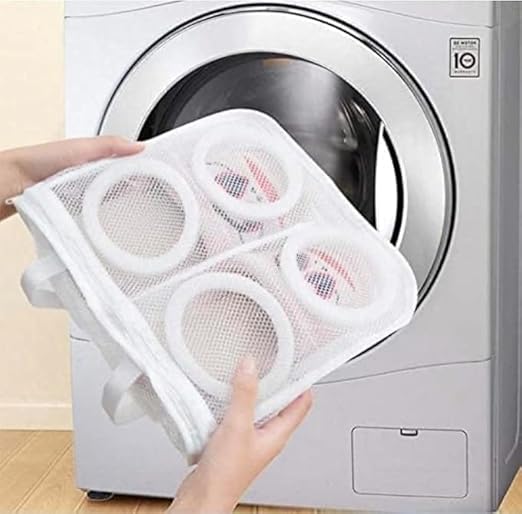 White mesh laundry bag for shoes by 7AGAT, zipper closure, reusable with straps, protects shoes and washing machine during wash.