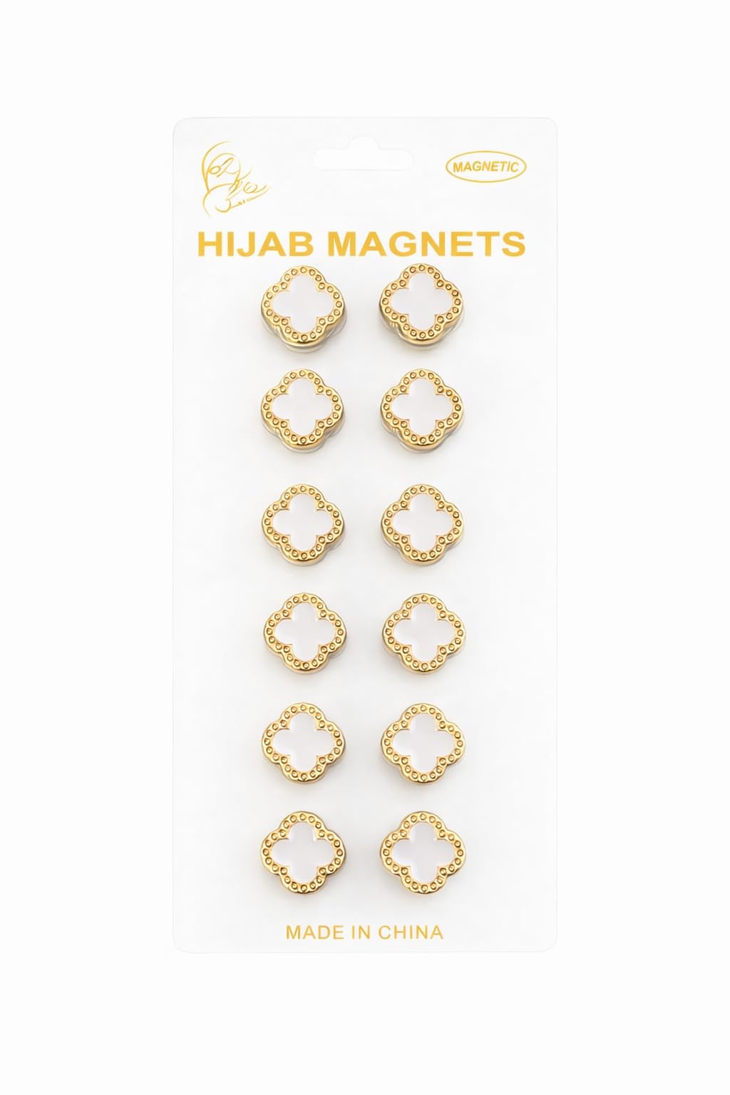 Six pairs of 7AGAT No-Snag Magnetic Hijab Pins with fabric-safe scarf magnets, shown securing hijabs comfortably and securely.