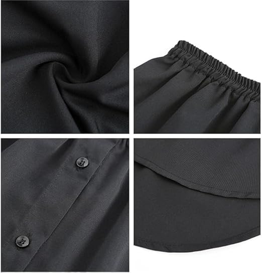 7AGAT adjustable women’s shirt extender and layered faux top with elastic waistband, polyester cotton blend, paired with half-length skirt.