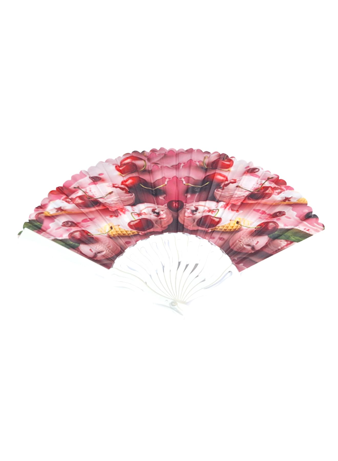 Colorful plastic folding hand fan with wavy handle by 7AGAT, featuring vibrant prints, compact design, perfect for summer use.