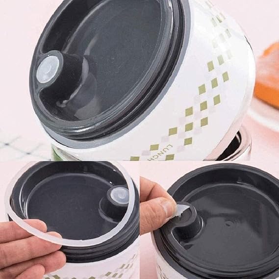 Sky blue 3-tier insulated lunch box by 7AGAT Shopping with checkered pattern, stainless steel thermal food container, and handle.