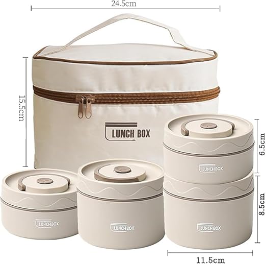 7AGAT stainless steel insulated lunch box set with four beige stackable food containers in two sizes for work, school, and office.