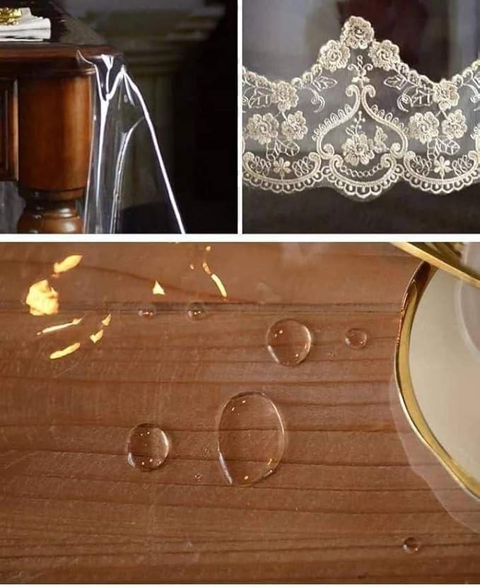 Transparent PVC table cover with lace edges, waterproof and easy to clean, designed for dining tables by 7AGAT.