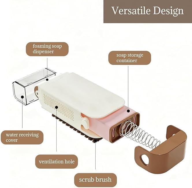 Colorful 7AGAT 2-in-1 soap dispensing scrub brush with storage, handheld for cleaning shoes, clothes, kitchen, and bathroom surfaces.
