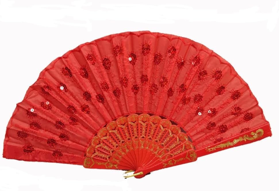 Elegant Chinese and Spanish style silk handheld folding fan by 7AGAT, featuring intricate patterns for weddings, parties, and dance performances.