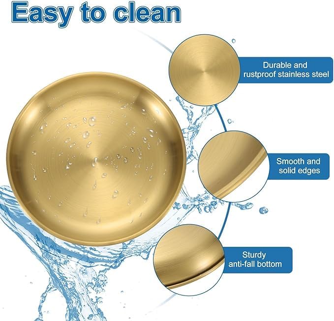 Set of 3 gold stainless steel round serving plates in different sizes, ideal for kitchen, restaurant, or outdoor dining.
