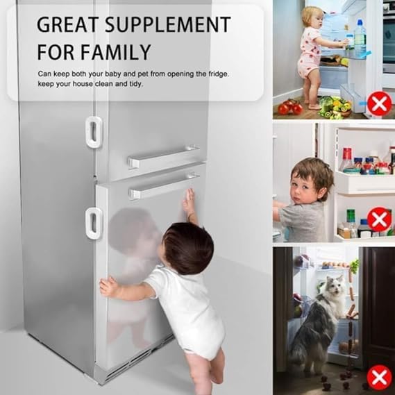 White child safety lock by 7AGAT Shopping for cabinets, drawers, and fridge, featuring strong adhesive, no drill required, child-proof guard.