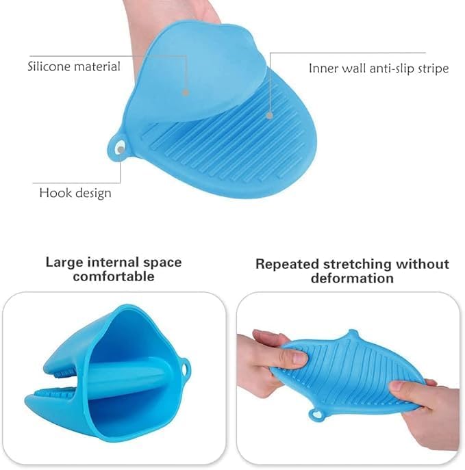 Two multicolor silicone kitchen mitts with non-slip grip, heat-resistant for cooking and baking, flexible pot holders by 7AGAT.