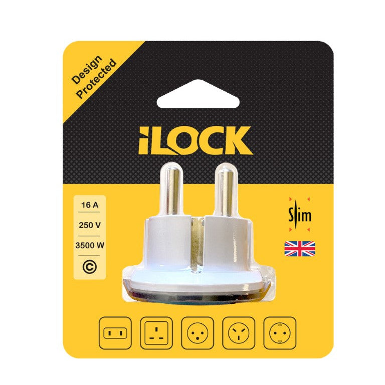 7AGAT iLOCK Slim universal plug adapter with multi-standard socket, compact white travel power converter, 16A 250V 3500W