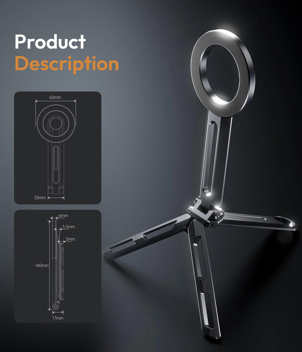 7AGAT MagSafe magnetic phone mount with foldable design, 1/4" tripod mount, ideal for photography, filming, and content creation.