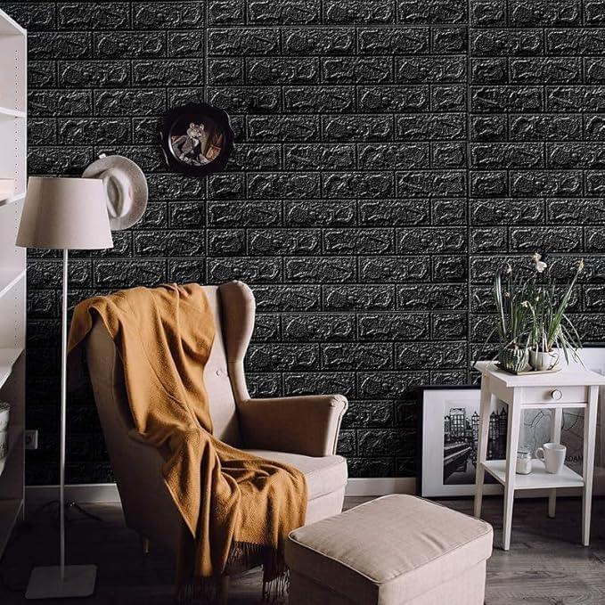 Black 3D brick wall sticker by 7AGAT, waterproof foam panel wallpaper, peel and stick, ideal for living rooms, bedrooms, kitchens.