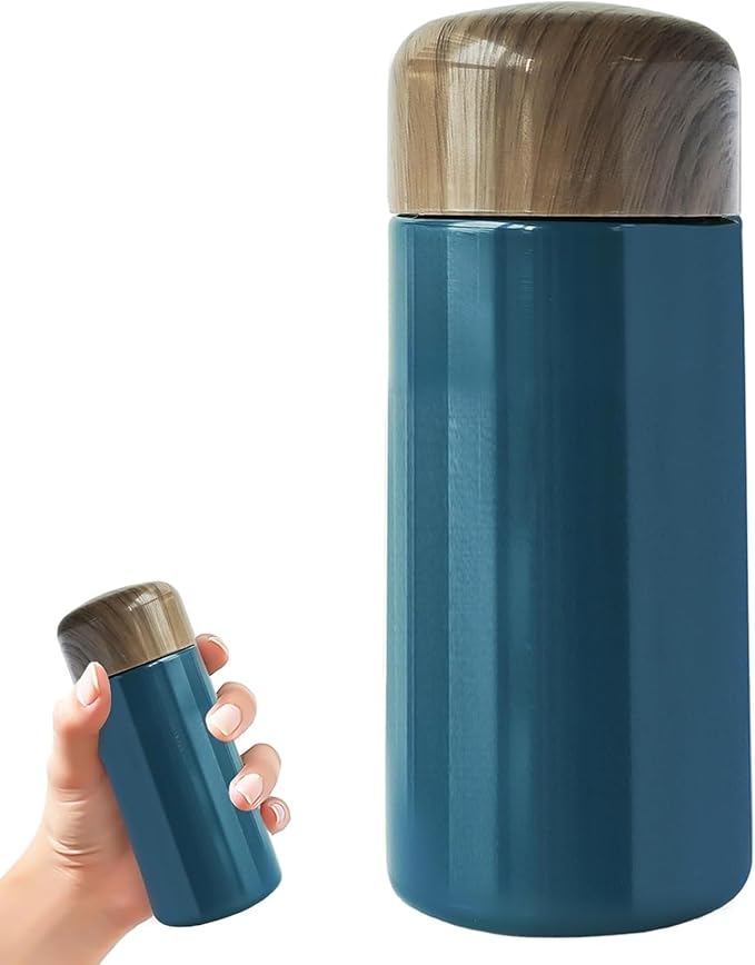 Stainless steel vacuum flask with navy blue finish, 150ml portable thermos with wood-grain lid, leak-proof hot and cold drink travel mug