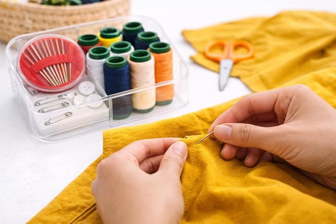 Portable 7AGAT sewing kit with 10 color thread spools and 8 assorted needles, ideal for home, travel, and emergency repairs.