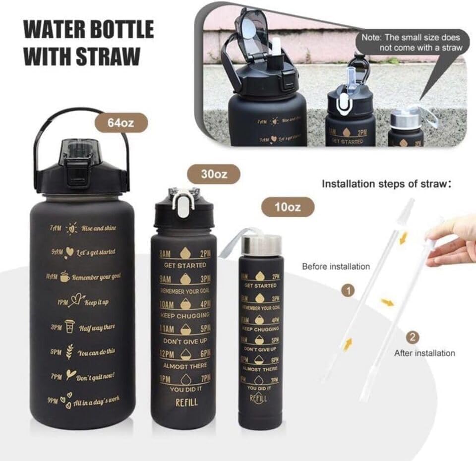 3-Piece Sports Water Bottle Set with Time Markers, Black, Flip-Top Lids and Carrying Handles for Gym, Work, Travel and Outdoor Use
