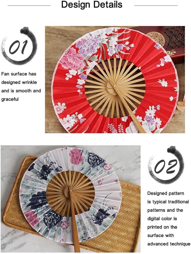 Vibrant red traditional round folding hand fan with floral pattern and wooden stand, ideal for weddings and dance events.