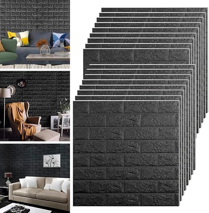 Black 3D brick wall sticker from 7AGAT, waterproof foam panel wallpaper, peel and stick, ideal for living room, bedroom, or kitchen walls.