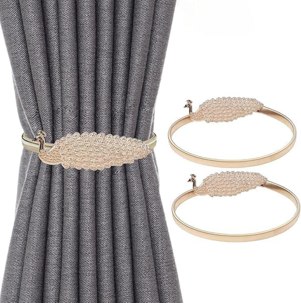 Gold leaf carved aluminium alloy curtain tiebacks with snap button design, adjustable elastic, modern style for living room, bedroom, bathroom.