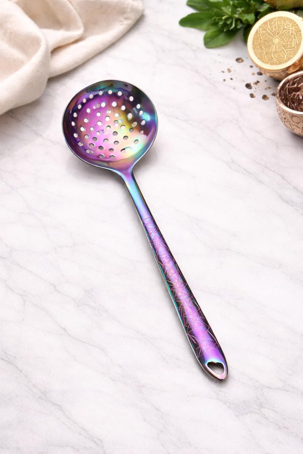 7AGAT stainless steel kitchen utensil with ergonomic handle, heat and rust-resistant, in silver, gold, and rainbow finishes, dishwasher safe.