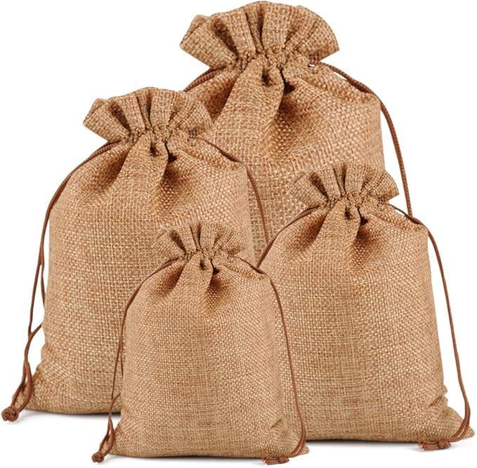 Set of 10 burlap gift bags with drawstrings, Hessian jute linen jewelry pouches for wedding favors, parties, and DIY crafts.