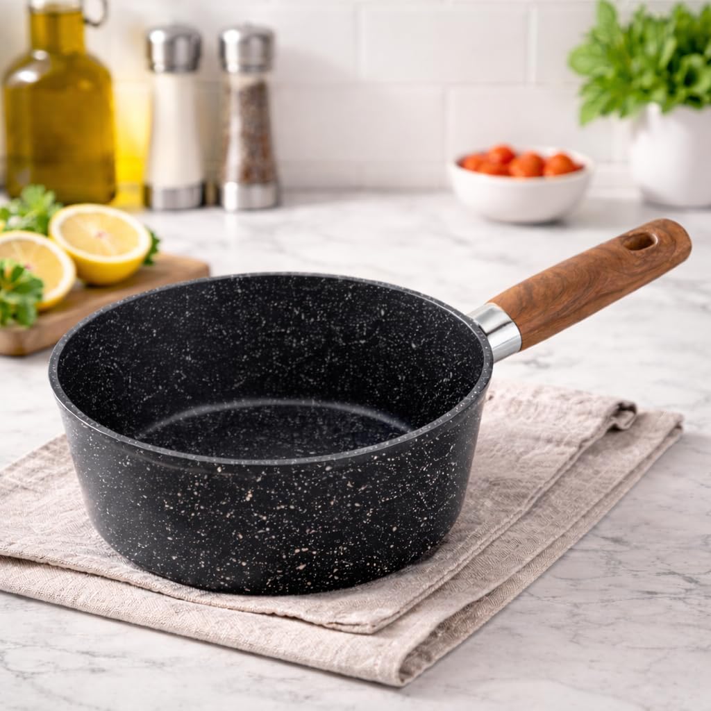 7AGAT non-stick saucepan with wooden handle, granite speckled coating, suitable for sauces, soups, and pasta, easy to clean.