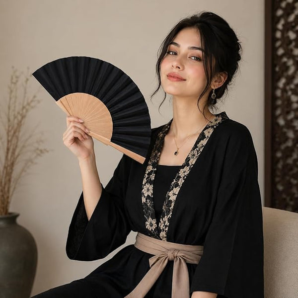 Black wooden and fabric hand fan by 7AGAT, foldable and portable for dance, weddings, cosplay, festivals, and daily use.