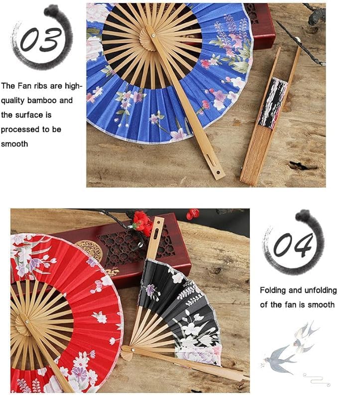 Vibrant red floral pattern traditional round folding hand fan by 7AGAT with wooden stand, ideal for weddings and dance events.