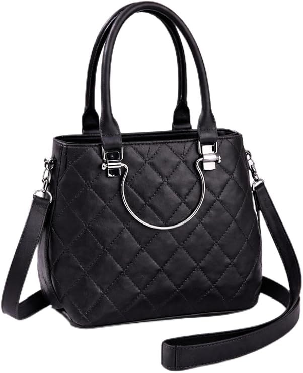 7AGAT women's handbag with stylish shoulder and crossbody straps, casual and evening purse in black leather with silver accents.