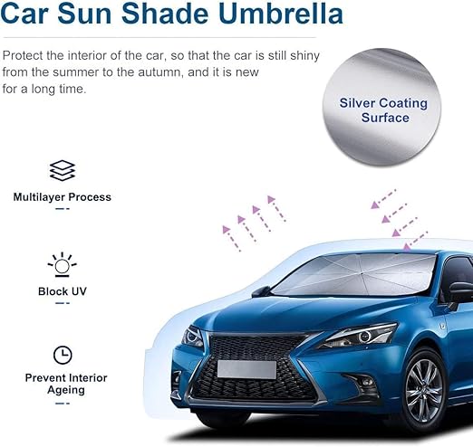 7AGAT foldable car windshield sunshade umbrella with UV protection and reflective coating, universal fit for blocking sunlight.