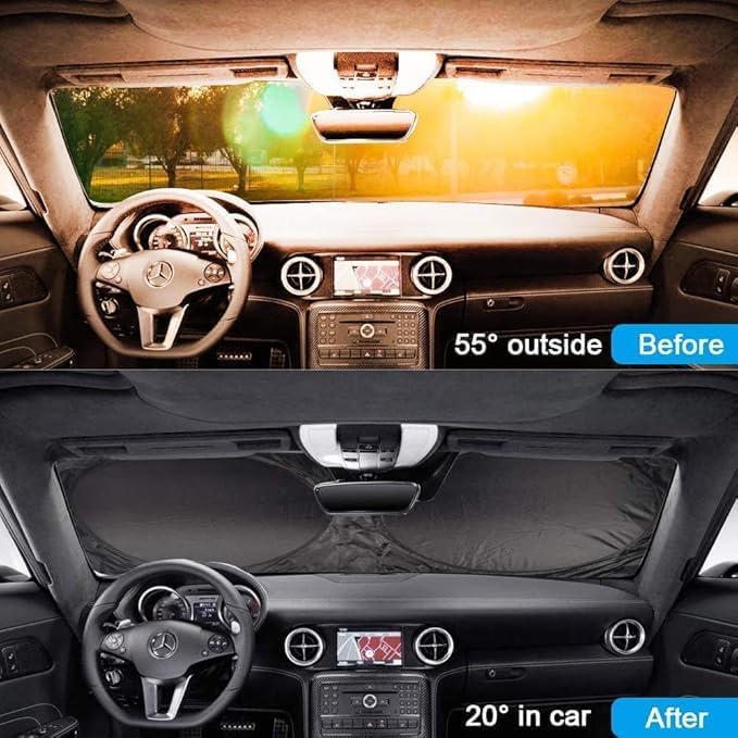 Foldable 7AGAT car sun shade in silver polyester, UV and heat protection, universal fit for windshield or windows.