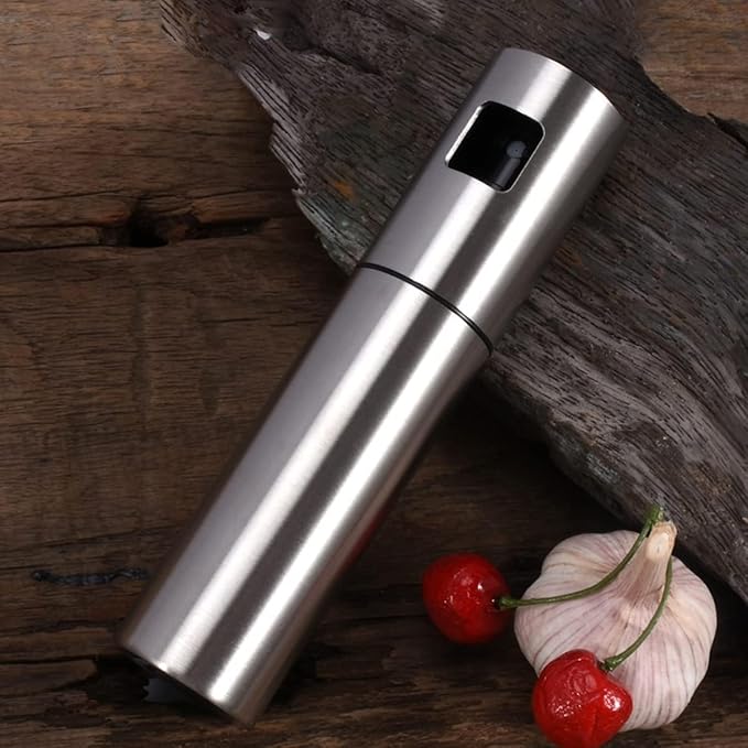 7AGAT stainless steel and plastic oil spray bottle with fine mist spray for cooking, grilling, baking, and air frying.
