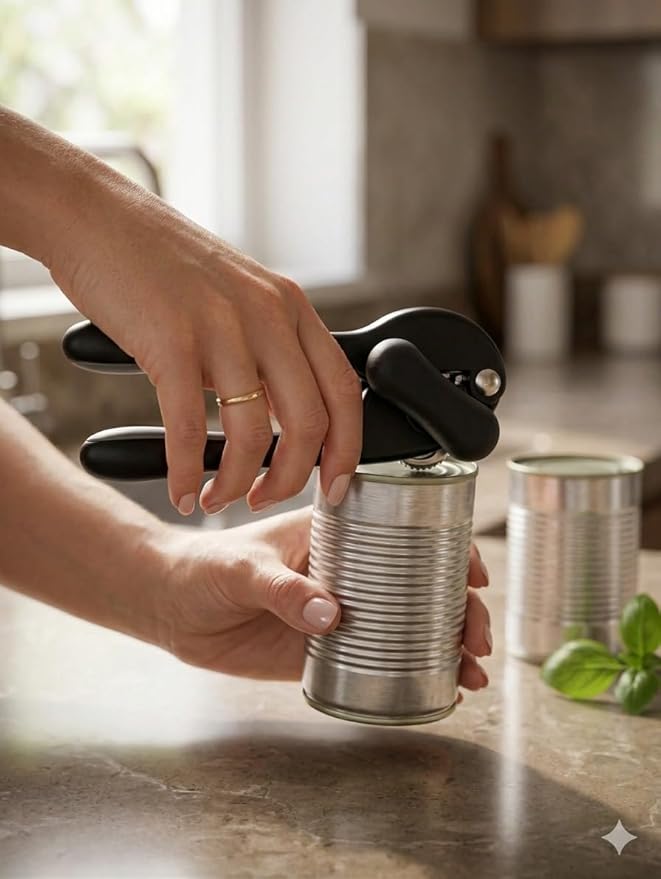 7AGAT manual can opener with stainless steel blade and ergonomic plastic handle, compact black design for kitchen and outdoor use