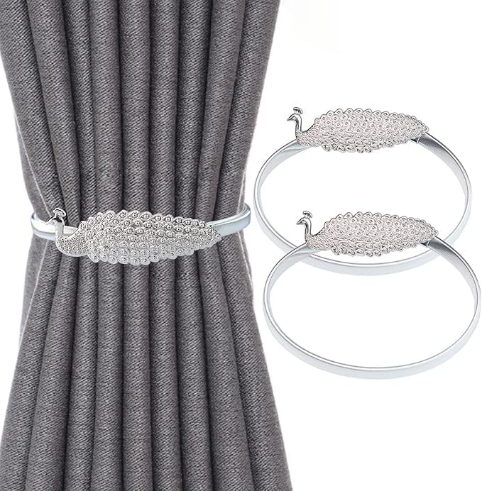 Gold leaf carved aluminium alloy curtain tiebacks with snap button design, adjustable elastic for living room, bedroom, or bathroom.