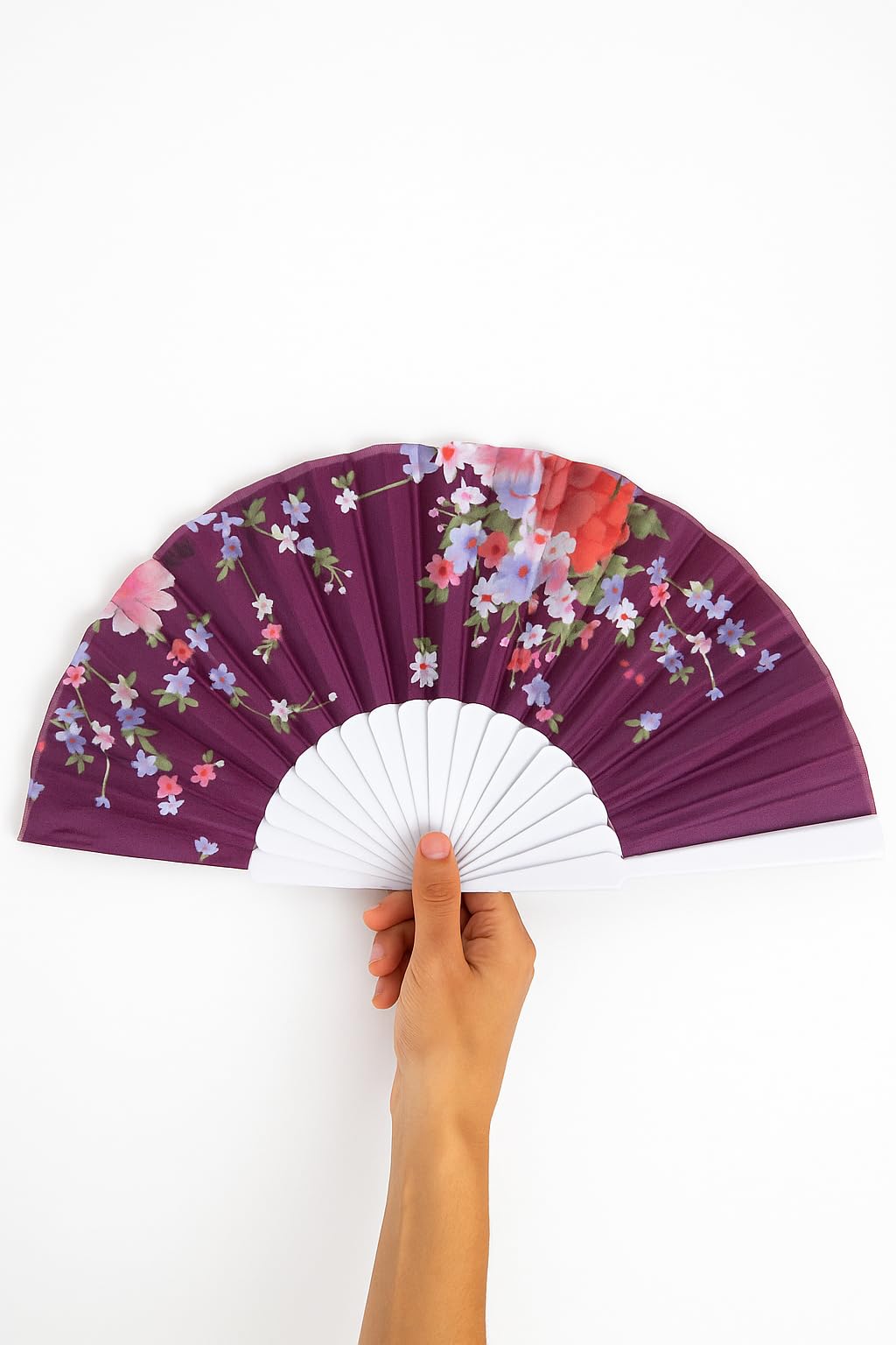 Elegant handheld folding fan made of silk, featuring Chinese and Spanish designs, ideal for weddings, parties, and cultural performances.