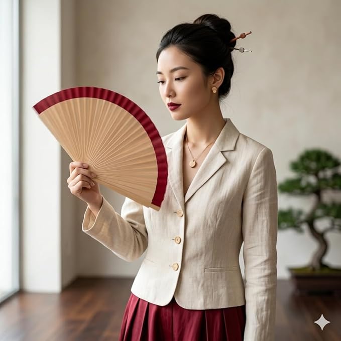 7AGAT hand folding fan with wooden frame and fabric, foldable and portable for dance, wedding, cosplay, or daily use.